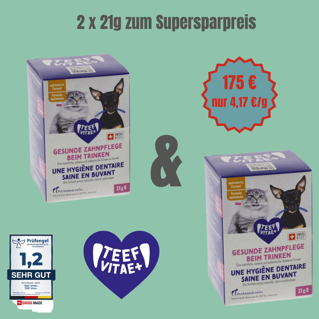 Doppelpack 2 x TEEF VitaePlus® (21g) - Natürliche Zahnpflege beim Trinken für Hunde & Katzen (ausreichend für 420 Tage / 420 Anw.)